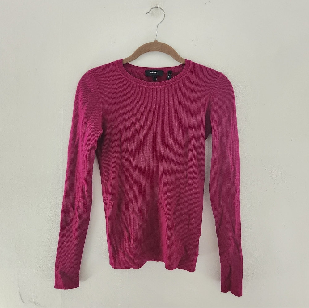 Theory Merino Wool Knit Fitted Sweater Magenta Pink Spring XS